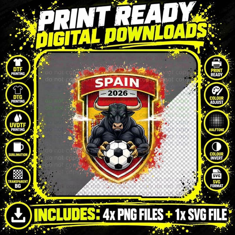 Spain 2026 Black Bull Mascot Shield Crest Flag Splatter Png SVG Digital Bundle