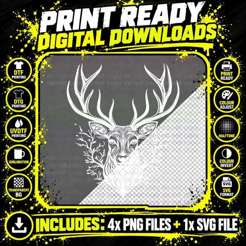 Stag Head with Antlers and Foliage T-Shirt Png SVG Digital Bundle