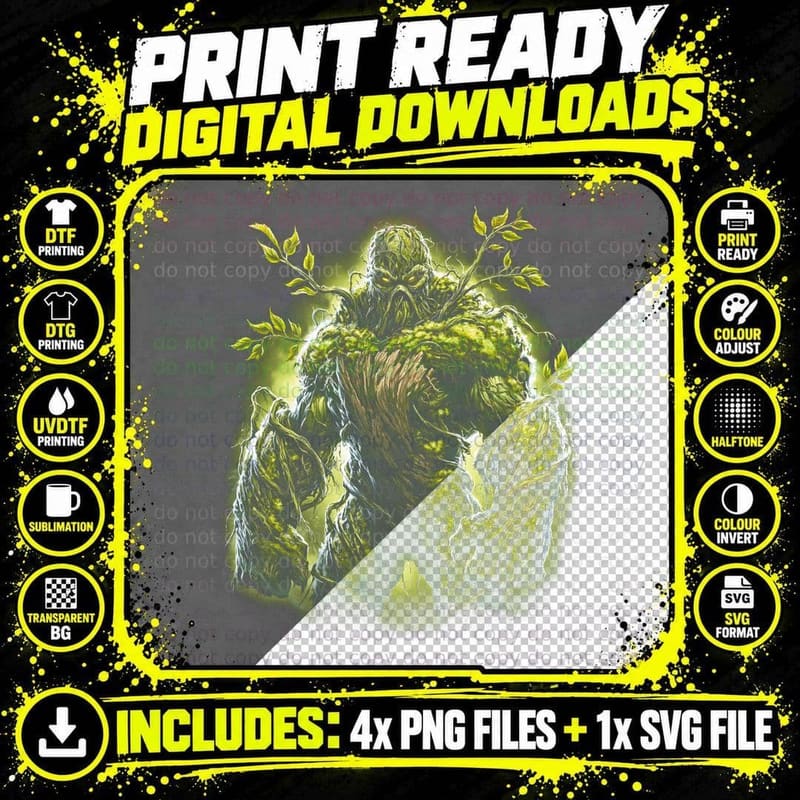Swamp Thing T-Shirt, Halftone Moss Creature Hero Graphic Png SVG Digital Bundle