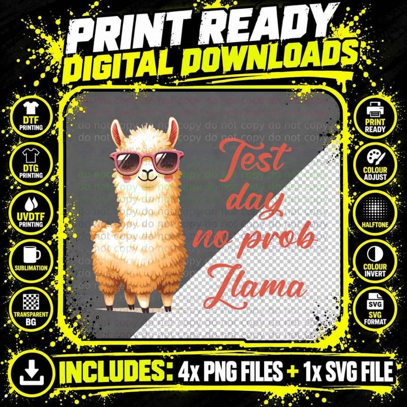 Test Day No Prob Llama T-Shirt, Fluffy Llama Wearing Png SVG Digital Bundle