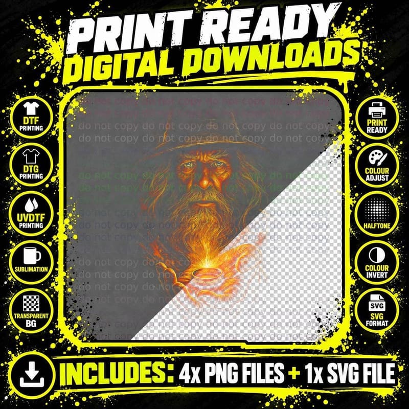 Wizard and the Ring T-Shirt, Halftone Fantasy Epic Png SVG Digital Bundle