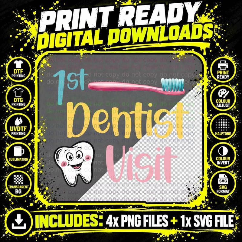1st Dentist Visit Dental T-Shirt, Toothbrush and Tooth Png SVG Digital Bundle