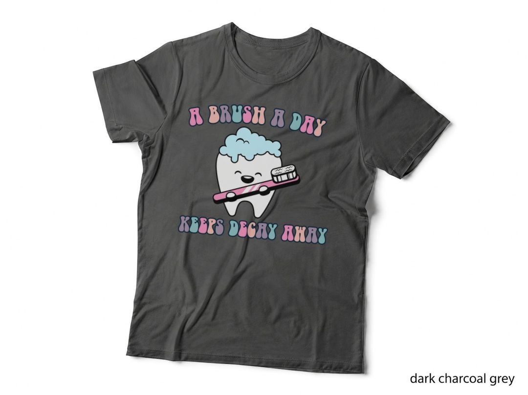 A Brush a Day Keeps Decay Away Dental T-Shirt, Tooth Brushing Cartoon Graphic