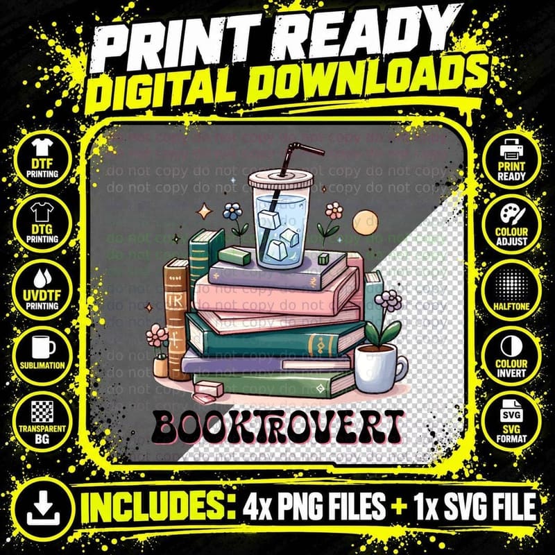Booktrovert Books T-Shirt, Stack of Books with Drink and Png SVG Digital Bundle