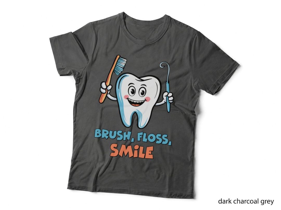 Brush Floss Smile Dental T-Shirt, Tooth Holding Toothbrush and Floss Graphic