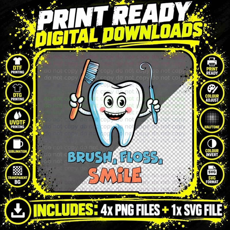 Brush Floss Smile Dental T-Shirt, Tooth Holding Png SVG Digital Bundle