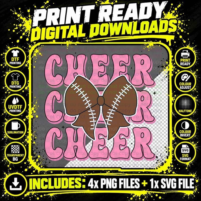 Cheer T-Shirt, Cheerleader Bow with Footballs Graphic Tee Png SVG Digital Bundle