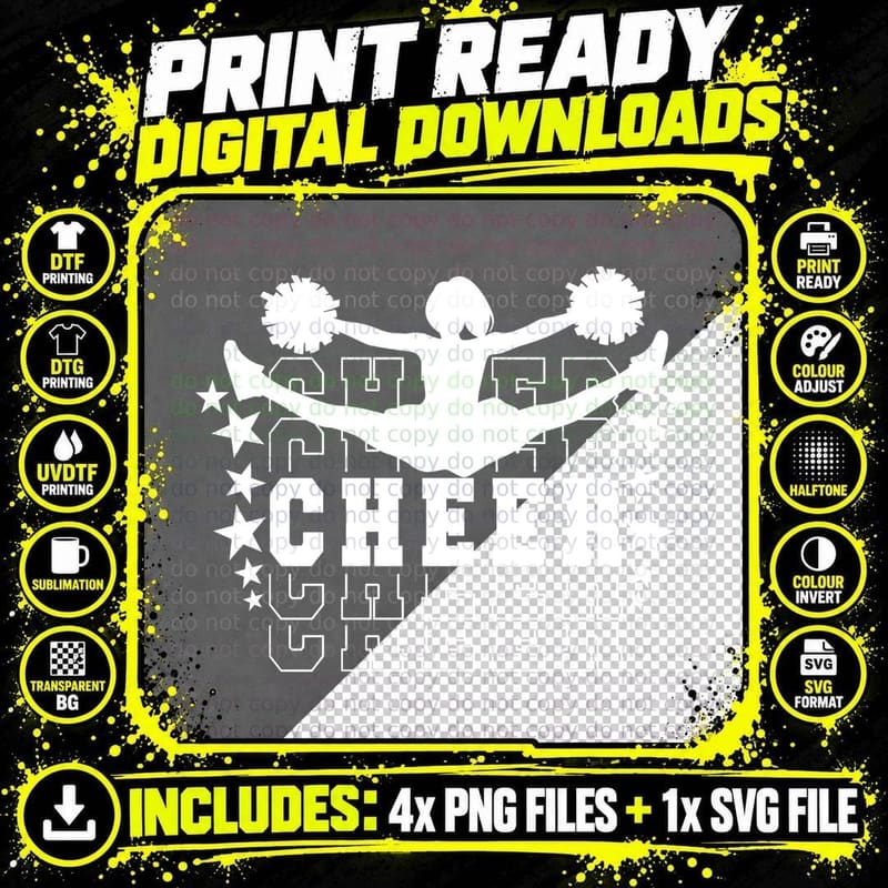 Cheer T-Shirt, Cheerleader Silhouette with Pom-Poms Png SVG Digital Bundle