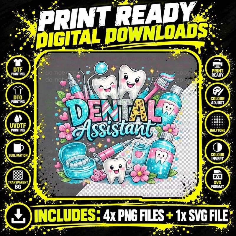 Dental Assistant Dental T-Shirt, Cartoon Teeth and Png SVG Digital Bundle