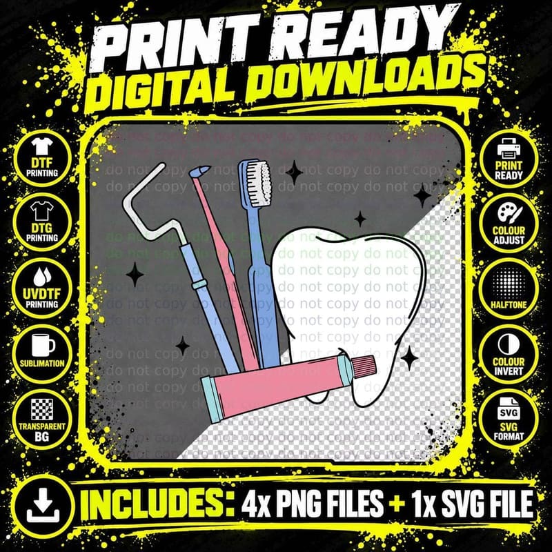Dental Hygiene Tools & Tooth Dental T-Shirt Png SVG Digital Bundle