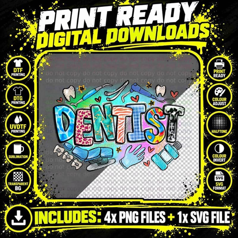Dentist Dental T-Shirt, Colorful Dental Tools and Teeth Png SVG Digital Bundle