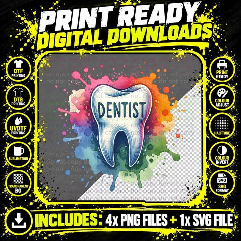Dentist Dental T-Shirt, Colorful Tooth with Paint Png SVG Digital Bundle