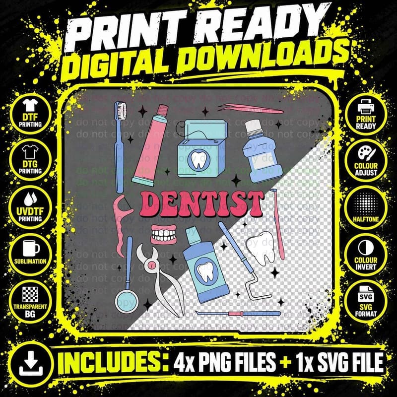 Dentist Dental T-Shirt, Dental Tools and Hygiene Items Png SVG Digital Bundle