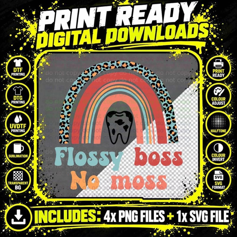 Flossy Boss No Moss Dental T-Shirt Png SVG Digital Bundle