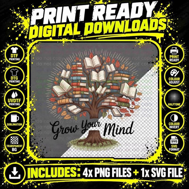 Grow Your Mind Books T-Shirt, Book Tree with Leaves Png SVG Digital Bundle
