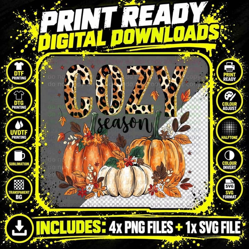Leopard Patterned Numbers with Pumpkins Leaves Fall Png SVG Digital Bundle
