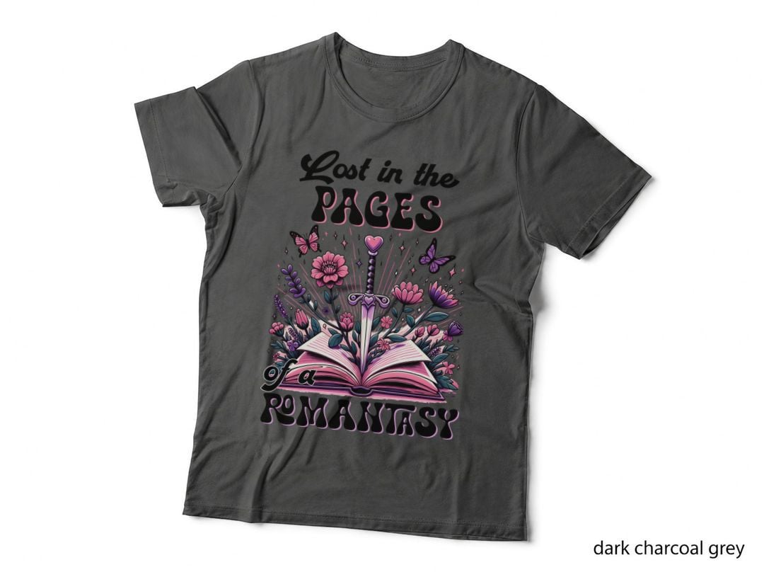 Lost in the Pages of a Romantasy Books T-Shirt, Open Book with Sword Amidst