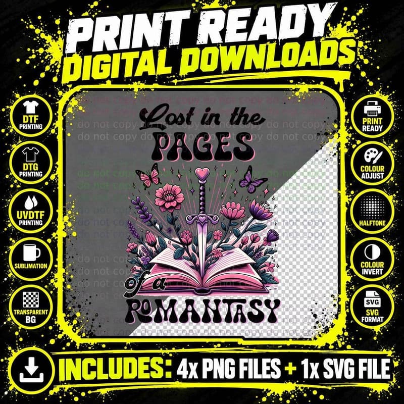 Lost in the Pages of a Romantasy Books T-Shirt Png SVG Digital Bundle