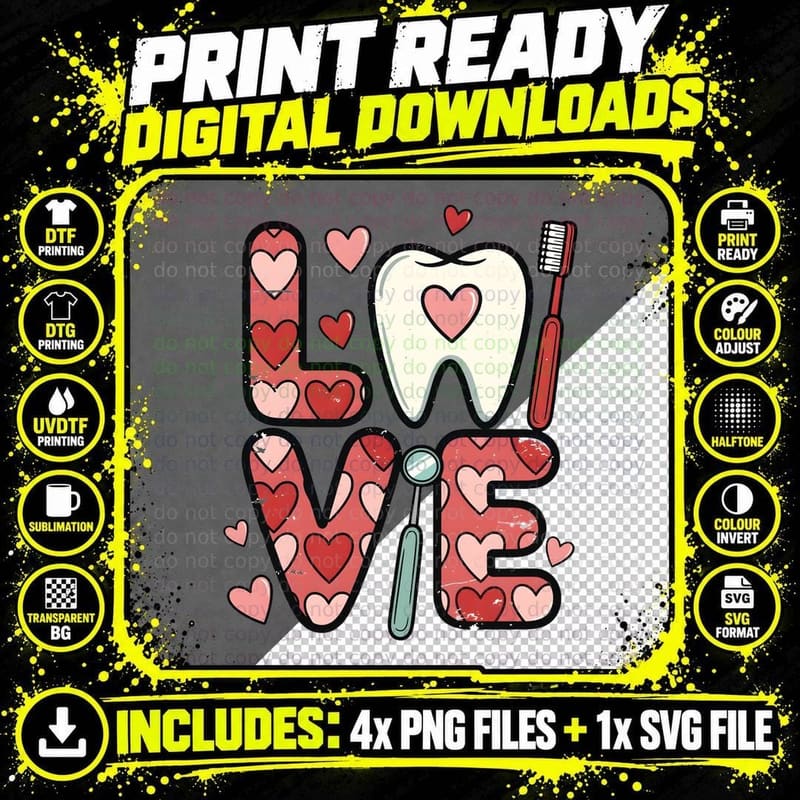 Love Dental T-Shirt, Heart-Themed Dental Care Graphic Png SVG Digital Bundle