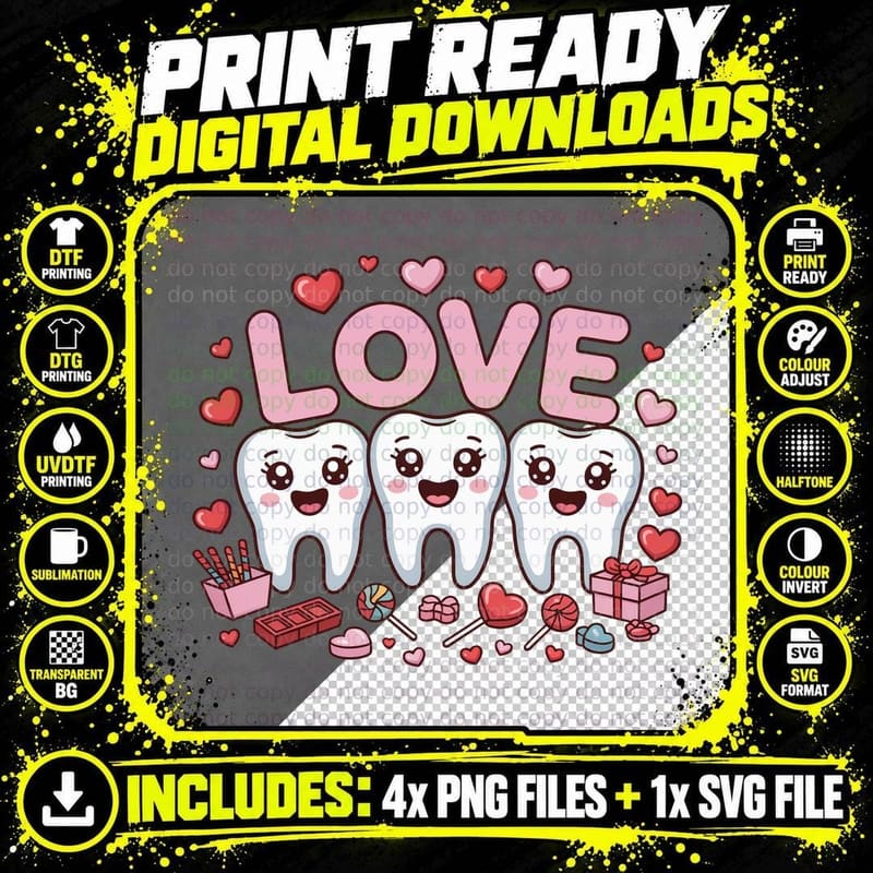 Love Dental T-Shirt, Three Smiling Teeth Surrounded by Png SVG Digital Bundle