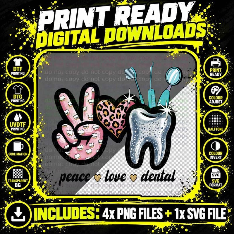 Peace Love Dental T-Shirt, Peace Love Dental Hand Heart Png SVG Digital Bundle