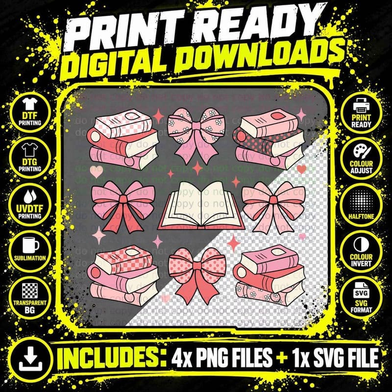 Pink Bows and Books Illustration Books T-Shirt Png SVG Digital Bundle