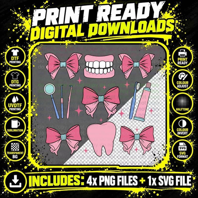 Pink Bows and Teeth Illustration Dental T-Shirt Png SVG Digital Bundle