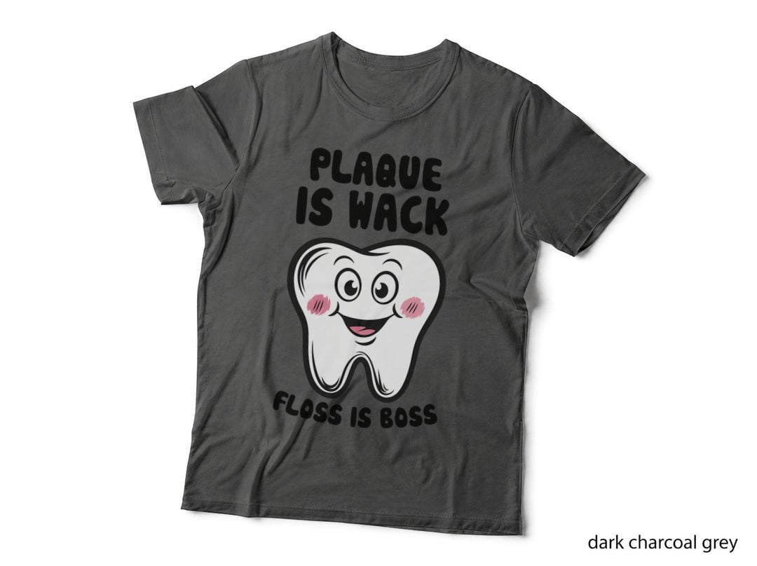 Plaque Is Wack Floss Is Boss Dental T-Shirt, Cartoon Tooth with Blush Cheeks