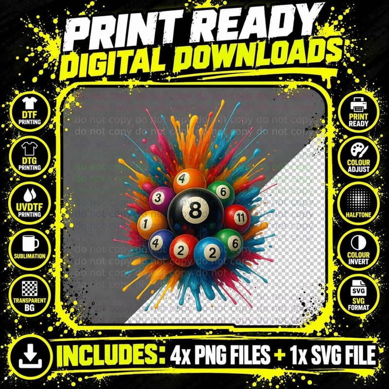 Pool Balls Bursting with Colorful Paint Splatters Png SVG Digital Bundle