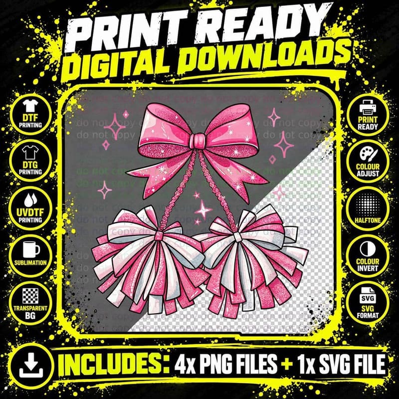 Sparkly Pink Cheer Bows Cheer T-Shirt, Cheer Graphic Tee Png SVG Digital Bundle