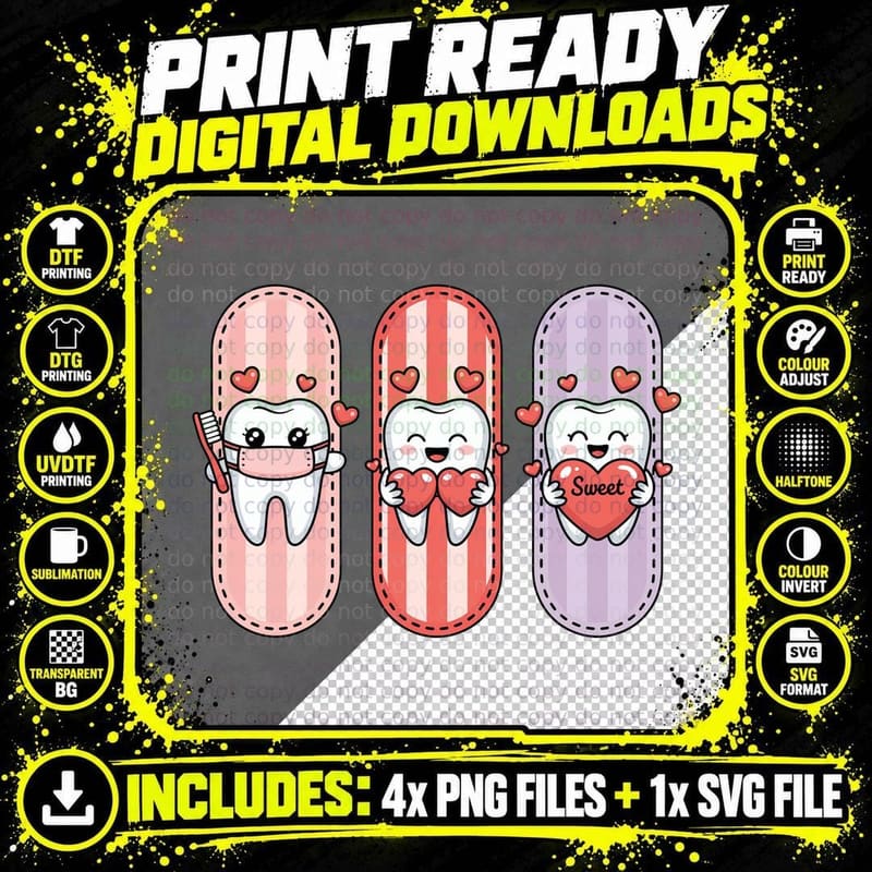 Sweet Dental T-Shirt, Toothbrushing Teeth Hearts Graphic Png SVG Digital Bundle