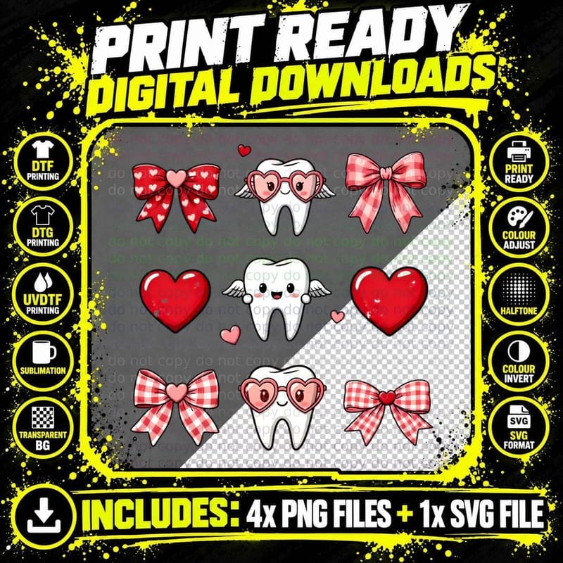 Tooth Love Bows Hearts Dental T-Shirt Png SVG Digital Bundle