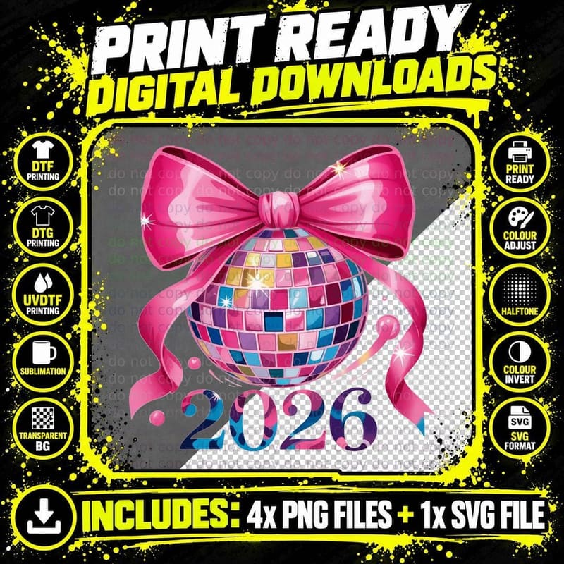 2026 Happy New Year T-Shirt, Disco Ball with Pink Bow Png SVG Digital Bundle