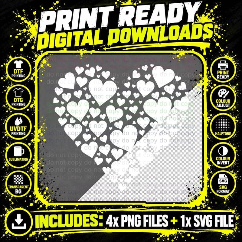 Black Hearts Forming a Large Heart Shape on Gray Heart Png SVG Digital Bundle