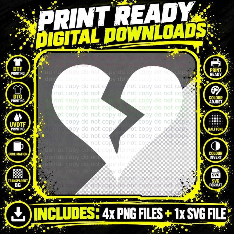 Broken Heart Silhouette Heart Design T-Shirt Png SVG Digital Bundle