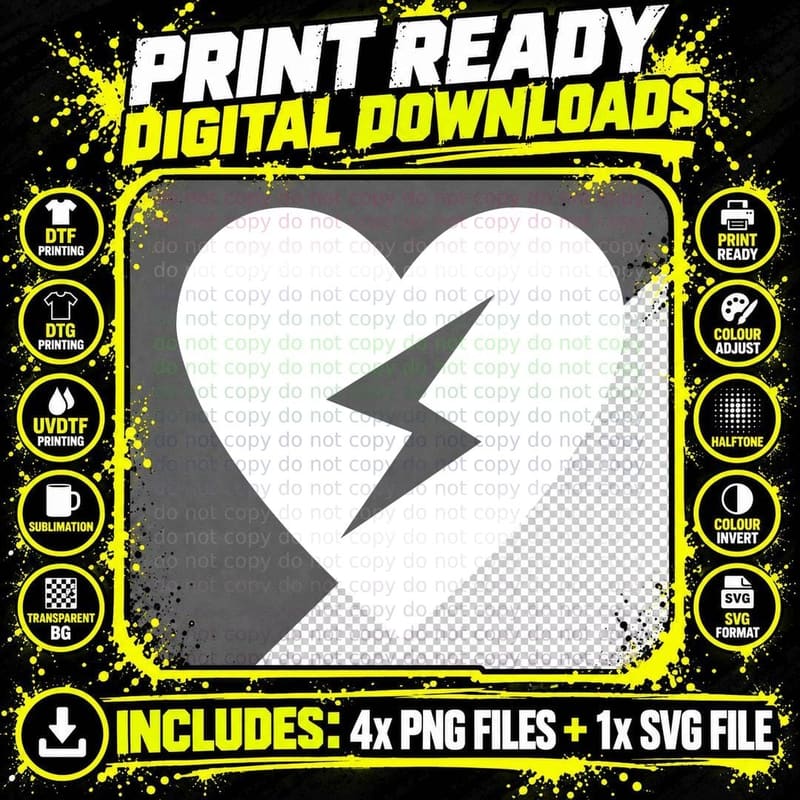 Broken Heart with Lightning Bolt Heart T-Shirt Png SVG Digital Bundle