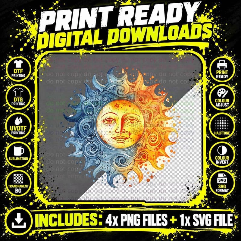 Celestial Sun and Moon Faces Hippie T-Shirt Png SVG Digital Bundle
