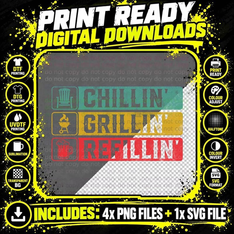 Chillin' Grillin' Refillin' Heartbeat T-Shirt Png SVG Digital Bundle