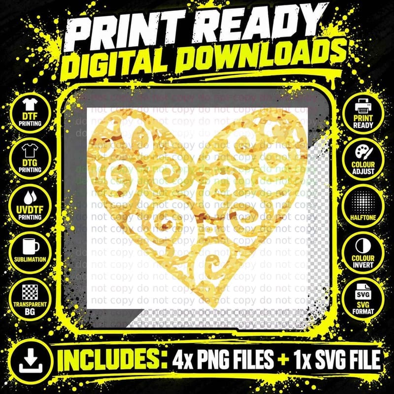 Golden Swirl Heart Pattern Heart Wreath T-Shirt Png SVG Digital Bundle