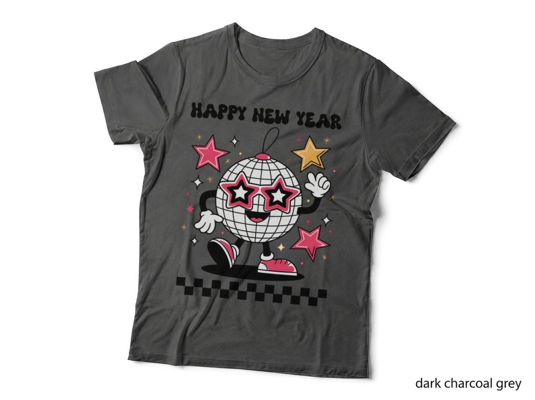 Happy New Year Happy New Year T-Shirt, Disco Ball Character with Stars Graphic