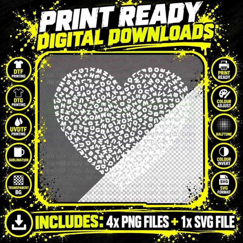 Heart-Shaped Letters Heart T-Shirt, Heart Graphic Tee Png SVG Digital Bundle