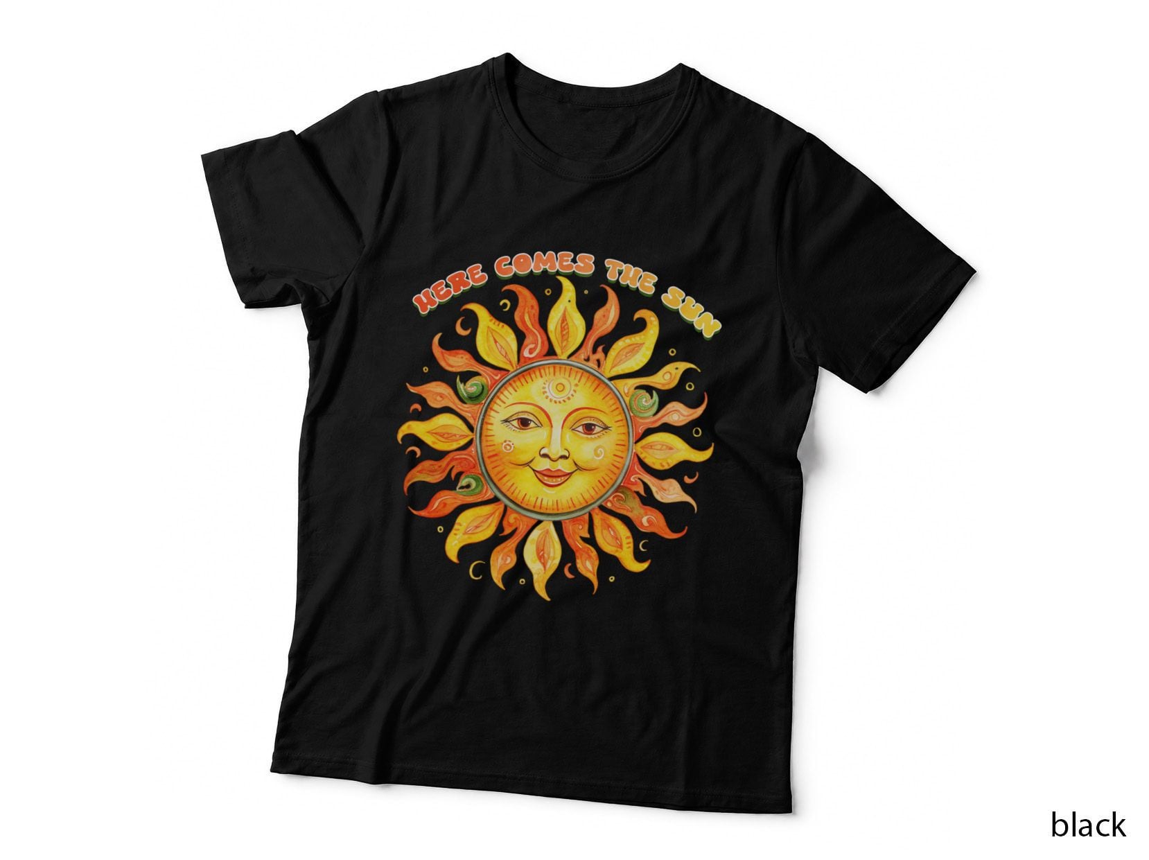 Here Comes the Sun Hippie T-Shirt, Smiling Sun with Flames Graphic Tee