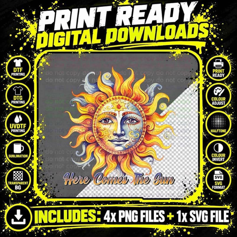 Here Comes the Sun Hippie T-Shirt, Sun Face with Flame Png SVG Digital Bundle