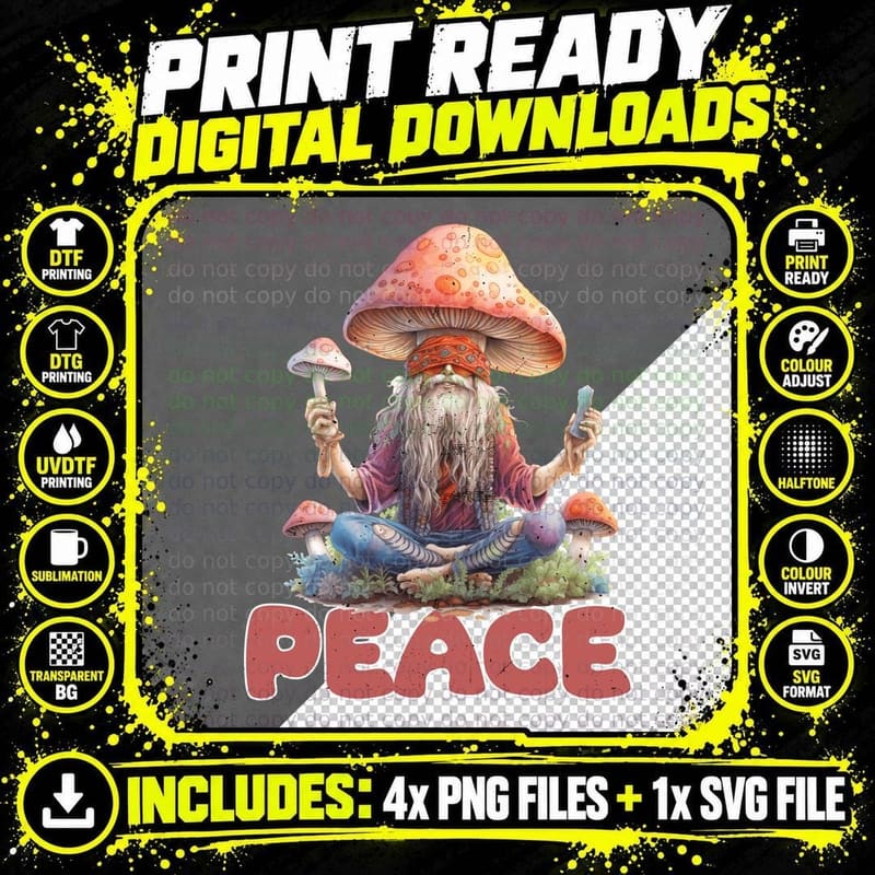 Peace Hippie T-Shirt, Mushroom Man Meditating in Nature Png SVG Digital Bundle
