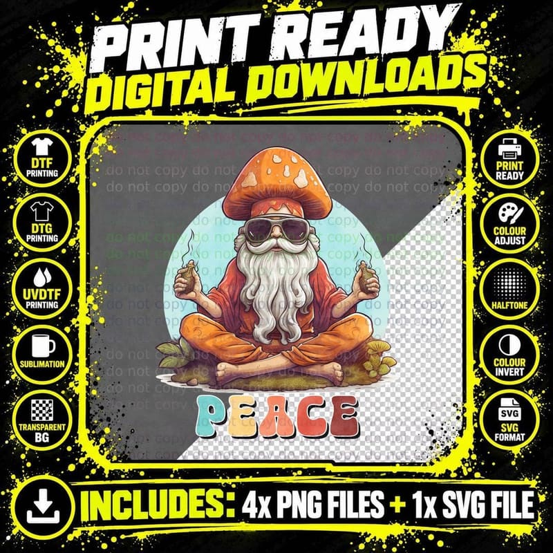 Peace Hippie T-Shirt, Mushroom Man Smoking Peace Graphic Png SVG Digital Bundle