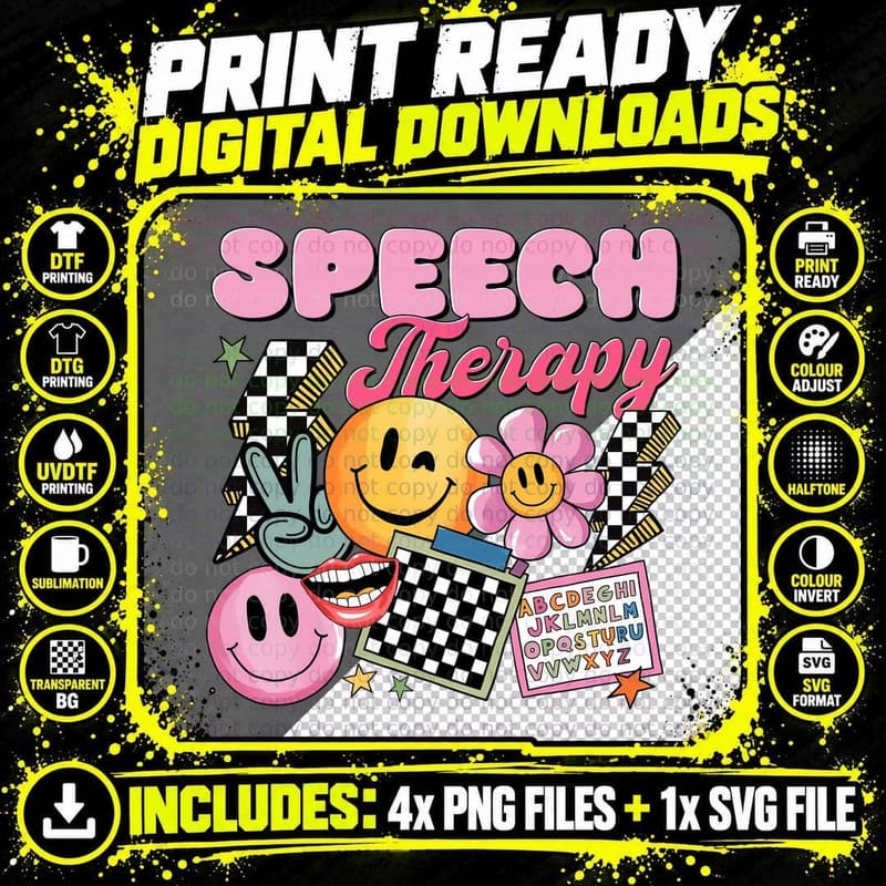 Speech Therapy Hippie T-Shirt, Speech Therapy Smiley Png SVG Digital Bundle