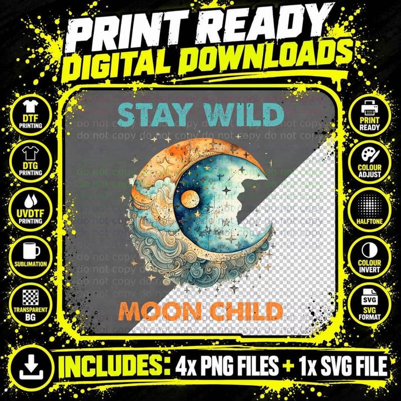 Stay Wild Moon Child Hippie T-Shirt Png SVG Digital Bundle