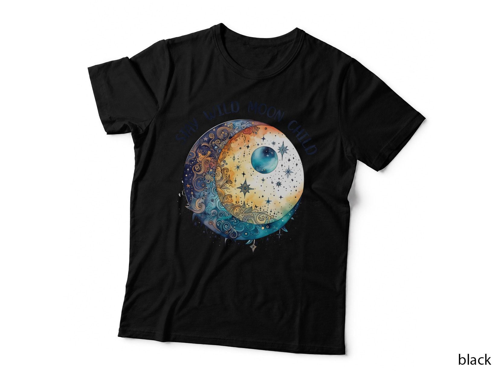 Stay Wild Moon Child Hippie T-Shirt, Celestial Yin-Yang Moon Scene Graphic Tee