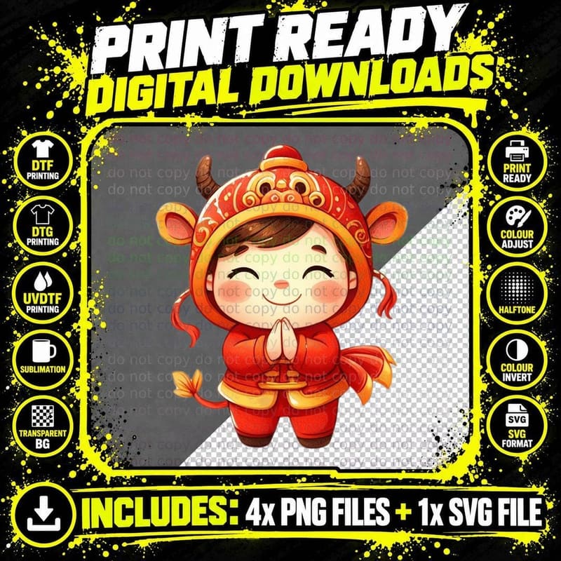 Adorable Cartoon Character in Red Outfit Lunar New Year Png SVG Digital Bundle