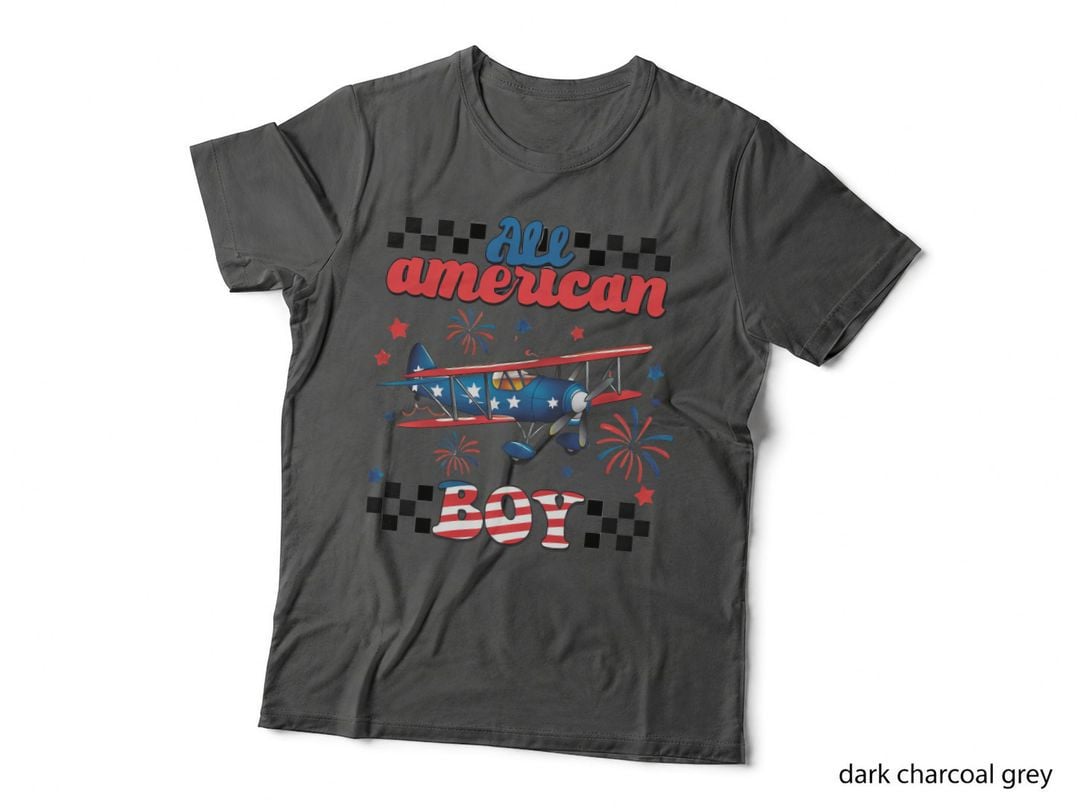 All American Boy Patriotic T-Shirt, Patriotic Biplane with Fireworks Graphic